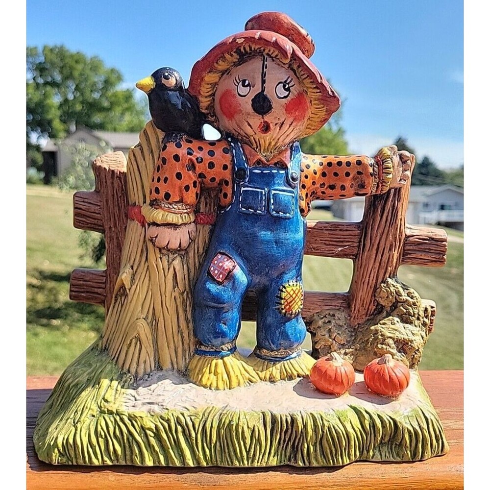 VTG  Ceramic Scarecrow Figure Duncan Enterprises 1980 Black Crow Pumpkins Fall